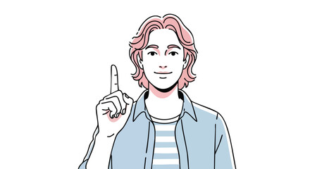 Illustration of a friendly young man with a raised index finger, signaling attention or offering a suggestion