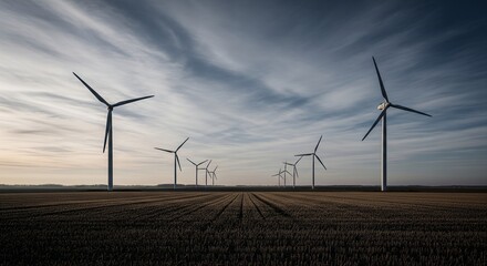Wind Turbines in a Field under a Dramatic Sky Renewable Energy, Sustainable Power, Clean Energy, Environmental Conservation