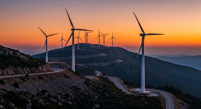 Wind Turbines on Mountain Ridge at Sunset Renewable Energy Landscape Photograph
