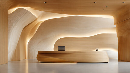 Beige modern office interior shows textured walls with soft light, great as virtual background or corporate branding.