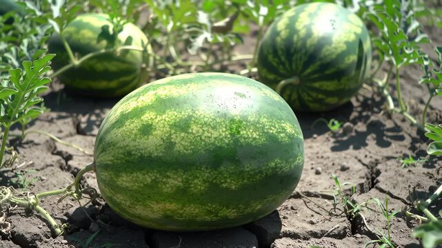 Ripe Watermelons Growing in a Field.