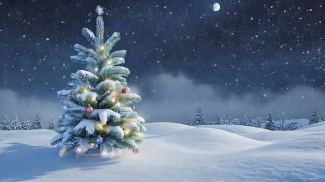 Geschm&uuml;ckter Weihnachtsbaum im verschneiten Winterwald bei Nacht