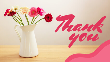 Thank You card design with gerbera flowers in jug on table