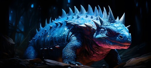 The black background contrasts sharply with the bright blue silver light emitted by Stegosaurus, generative AI