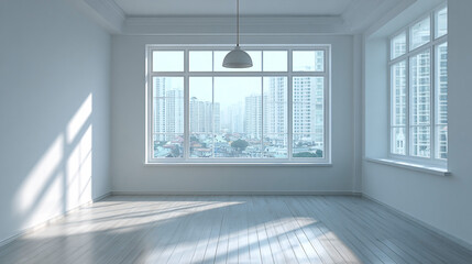 Fototapeta premium White interior with city view features clean walls, wood floor, and soft light. Perfect for corporate branding, virtual background, and interior design projects.