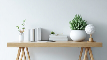 Modern white office desk with plants shows clean surface. Suitable for product staging, branding, zoom background, and virtual meetings.