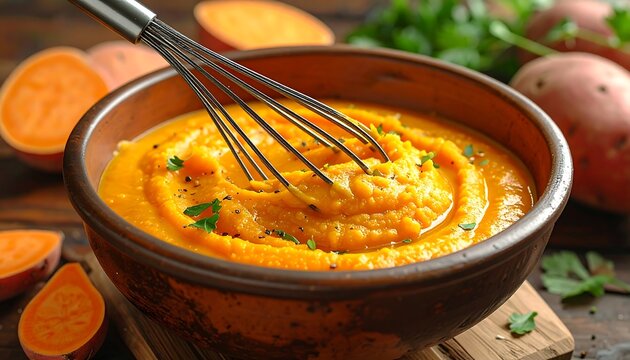 Sweet potato puree being whisked - Powered by Adobe