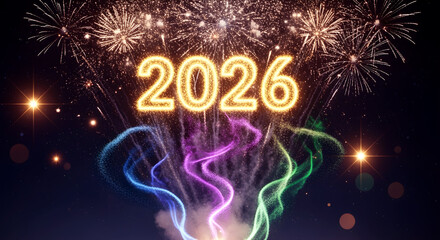 Happy new year 2026 celebration, colorful fireworks over the city, glowing sparkles, greeting card, background, poster, postcard, banner, calendar, design template.      