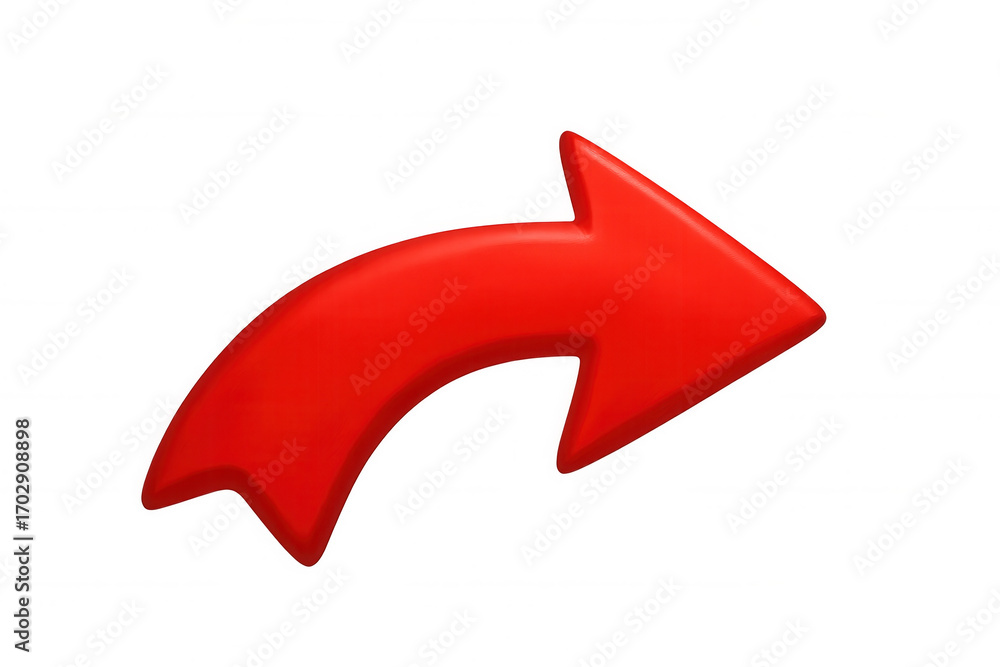 Poster curved, glossy red arrow points to the right against a transparent background, ideal for presentatio