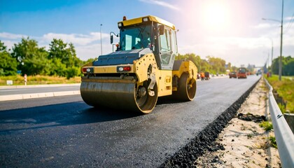 Road roller working on freshly paved highway. Sunny day