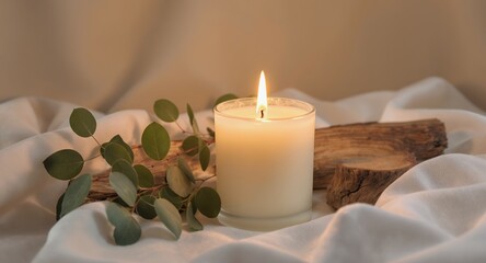 Burning candle with eucalyptus and wood on white fabric, relaxing spa ambiance, aromatherapy, peaceful scene, home decor, wellness, serenity, comfort, calm, cozy, tranquil, hygge, mindfulness, me