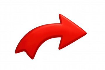 Curved, glossy red arrow points to the right against a transparent background, ideal for presentations and web design