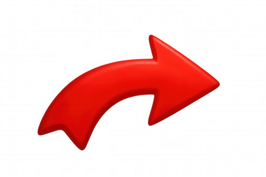 Curved, glossy red arrow points to the right against a transparent background, ideal for presentations and web design