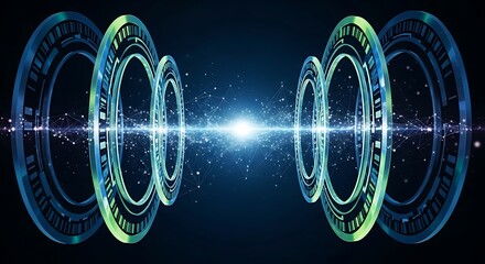 Advanced data stream visual featuring circular portal elements with a glowing nexus center
