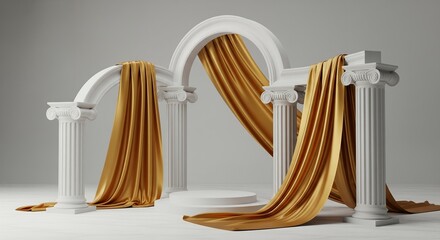 Elegant Gold Draped Columns and Archway with Platform for Product Display or Presentation