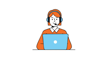 Friendly customer service representative smiling while working on a laptop with headset