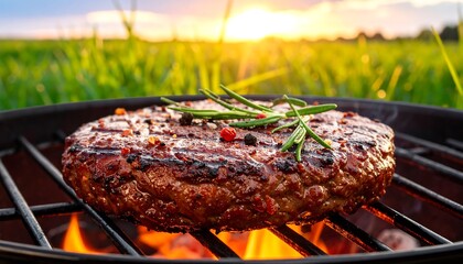Grilled burger patty on a barbecue