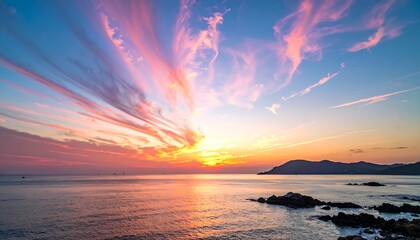 Obraz premium Vibrant sunset over a calm ocean with wispy clouds reflecting on the water, mountain silhouette in distance