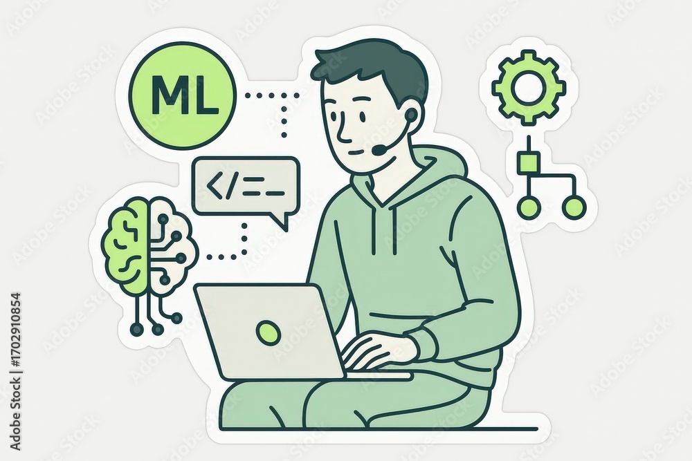 Poster young man engaged in machine learning analysis coding on laptop while emphasizing artificial intelli
