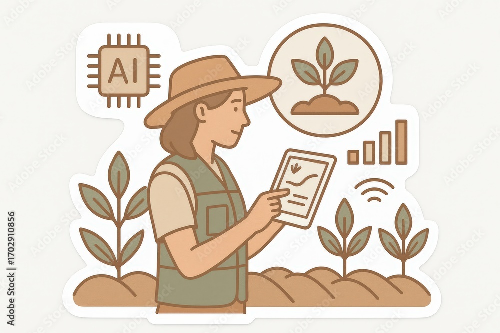 Poster individual utilizing tablet in agricultural field symbolizing the integration of artificial intellig