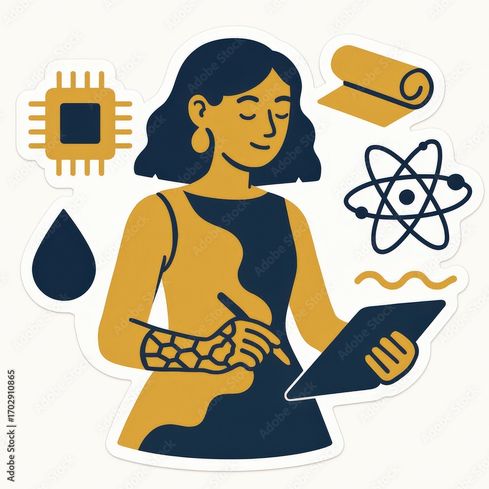 Poster dynamic female innovator embracing technology and creativity while engaging with science and design 