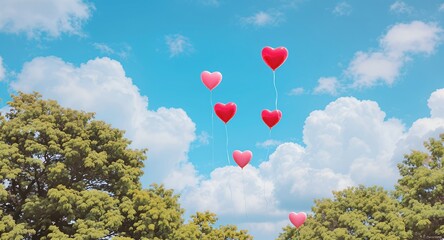 Heart-shaped balloons floating in a blue sky with fluffy clouds and green trees.