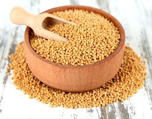 Wooden bowl of mustard seeds