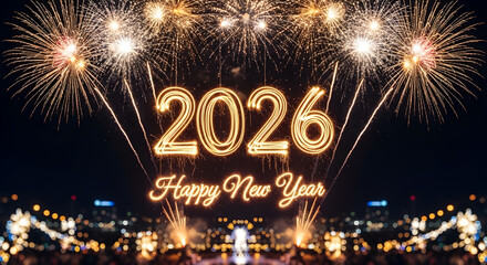 Happy new year 2026 celebration, colorful fireworks over the city, glowing sparkles, greeting card, background, poster, postcard, banner, calendar, design template.      