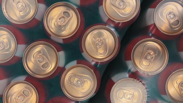Top Down View: Aluminum Beverage Cans Packed in Plastic Film Blocks | Wholesale Warehouse Storage Display | Commercial Food Distribution Center