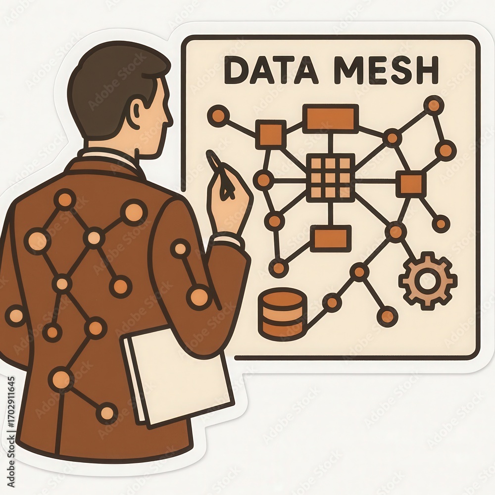 Poster A professional individual presenting an innovative data mesh concept on a virtual whiteboard showcasing a network of nodes and connections illuminating the future of data architecture and