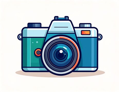 Cartoonish, stylized camera, teal and blue, simple line art, flat design