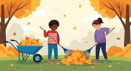 autumn background Children raking leaves in a park during autumn with a wheelbarrow full of foliage fall background