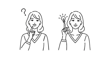 Woman pondering with question mark then having a brilliant idea with glowing lightbulb