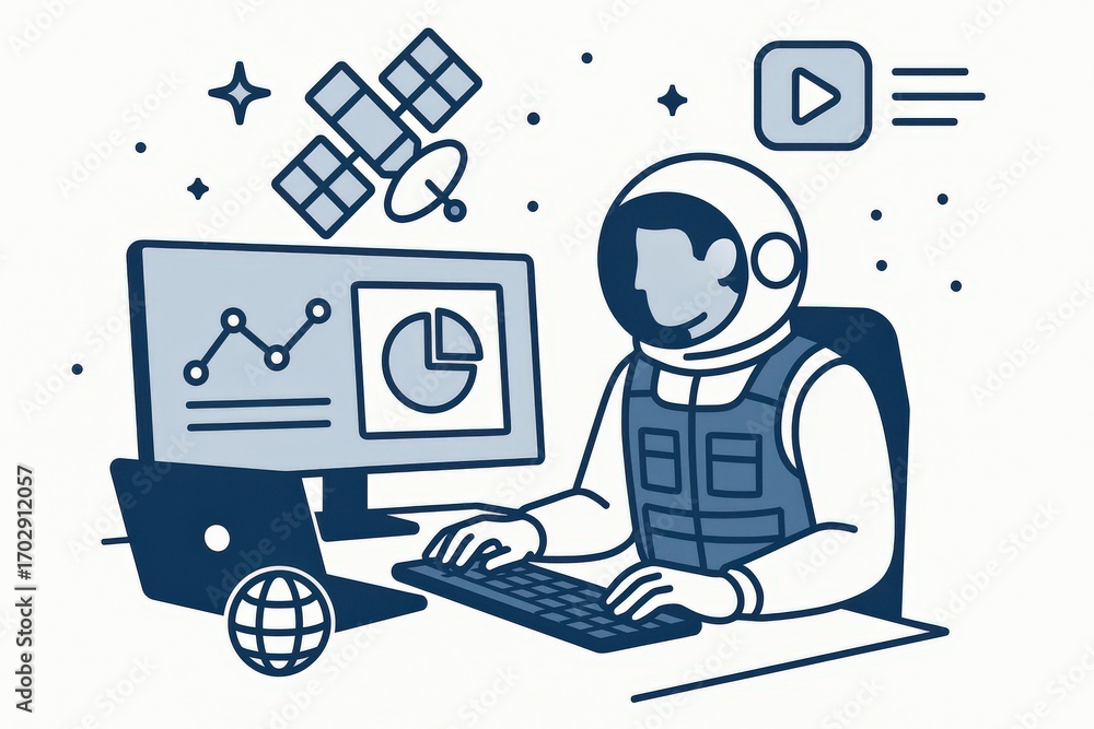 Poster innovative astronaut conducting data analysis in a futuristic workspace emphasizing advanced technol