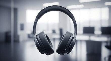 Black Headphones in an Office Setting for Focus and Productivity, perfect for mockup and advertisement.