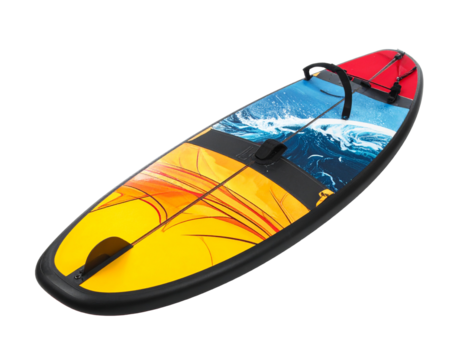 Surfboard icon with red and yellow design on a white background.
