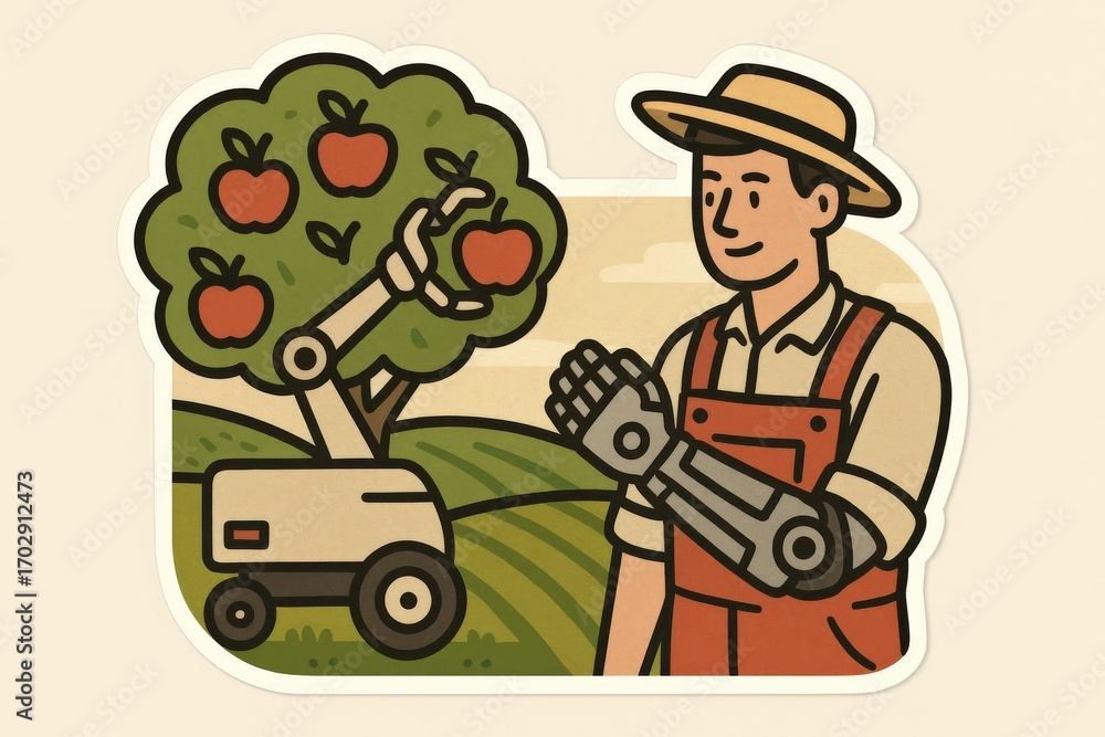 Aufkleber ai-enhanced farmer utilizing robotic arm technology to harvest apples amidst lush green fields repre