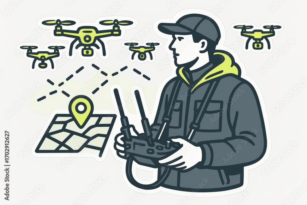 Aufkleber A focused professional operating multiple drones over a digital map showcasing advanced aerial technology highlighting the future of remote control navigation and signal optimization