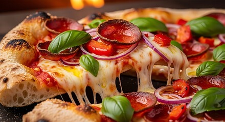 Artisan pizza slice with melting cheese, vibrant basil, and rustic charred crust tantalizing visuals