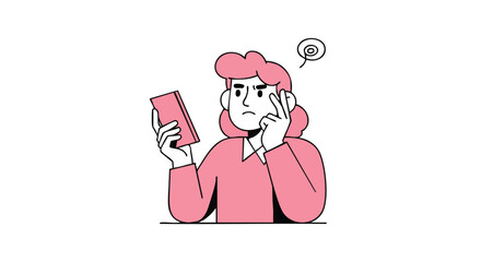 Confused woman holding phone, thinking hard with swirling thoughts above head, seeking answers