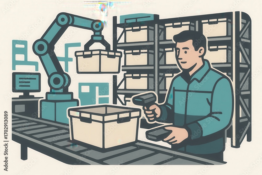 Aufkleber innovative warehouse worker utilizes advanced technology and robotic automation to streamline invent