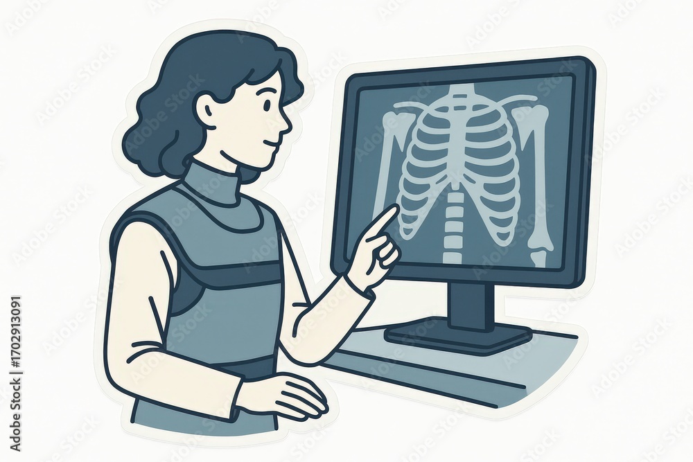 Poster female healthcare professional analyzing digital x-ray image on a computer screen displaying detaile