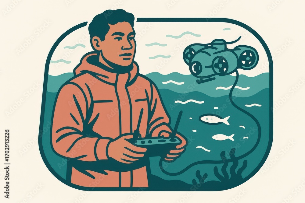 Aufkleber enthusiastic individual operates remote-controlled underwater vehicle while exploring aquatic life i