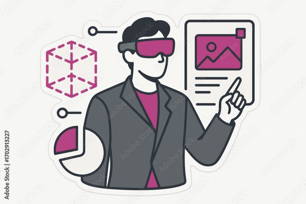 Poster innovative male speaker presenting in augmented reality environment with interactive graphic element