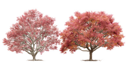 Zelkova tree and Trident maple tree placed together showing autumn foliage on transparent background