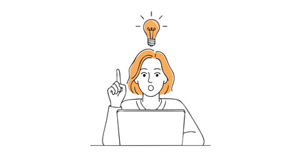 Woman with idea lightbulb above head, pointing finger, working on laptop, inspiration strikes