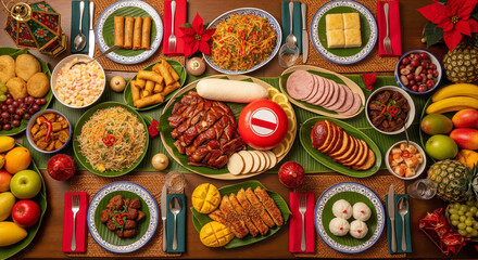 Top-down view of a traditional Filipino Noche Buena Christmas feast