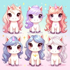 Cute cartoon unicorns with pastel colors and large eyes