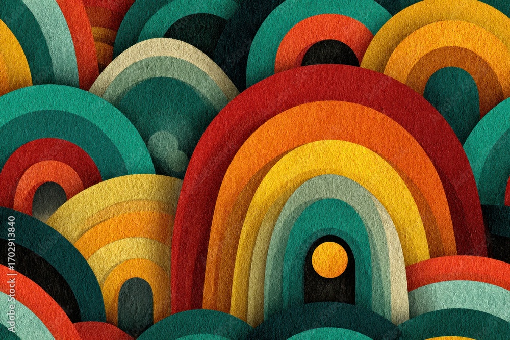 Poster abstract composition of concentric arches and rounded forms in a vibrant, tactile surface, featuring