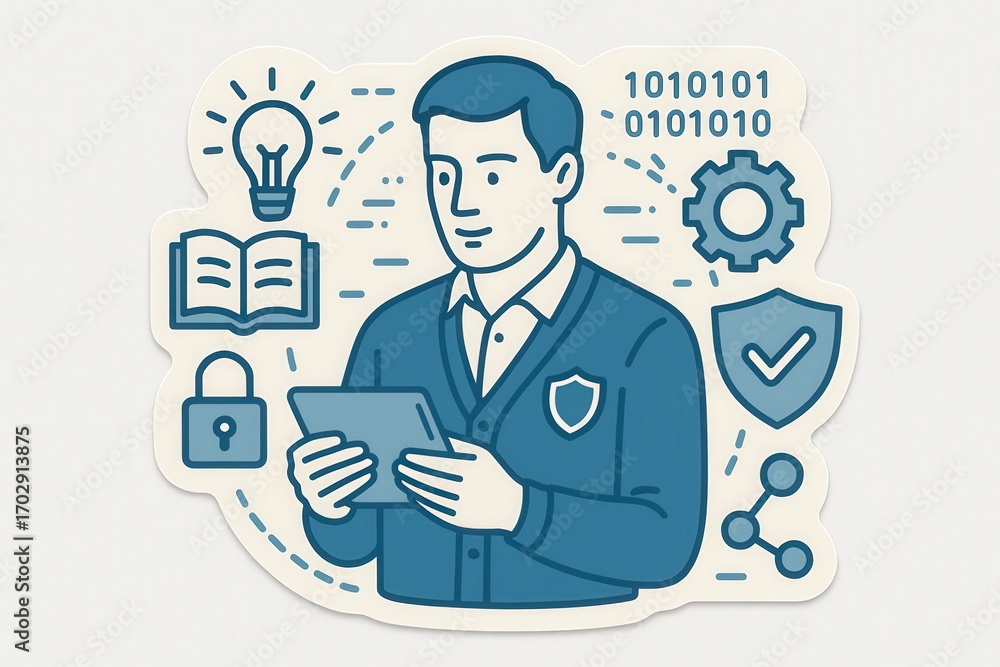 Poster engaged professional immersed in digital literacy evolving tech innovations capturing cybersecurity 